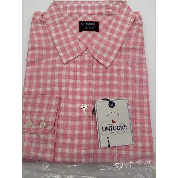 UNTUCKIT Calina Gingham Button Up Long Sleeve Shirt Cotton Pink White Size 8 - Picture 9 of 9